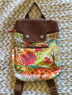 Brown Floral Canvas Backpack - Colorful Tree Print